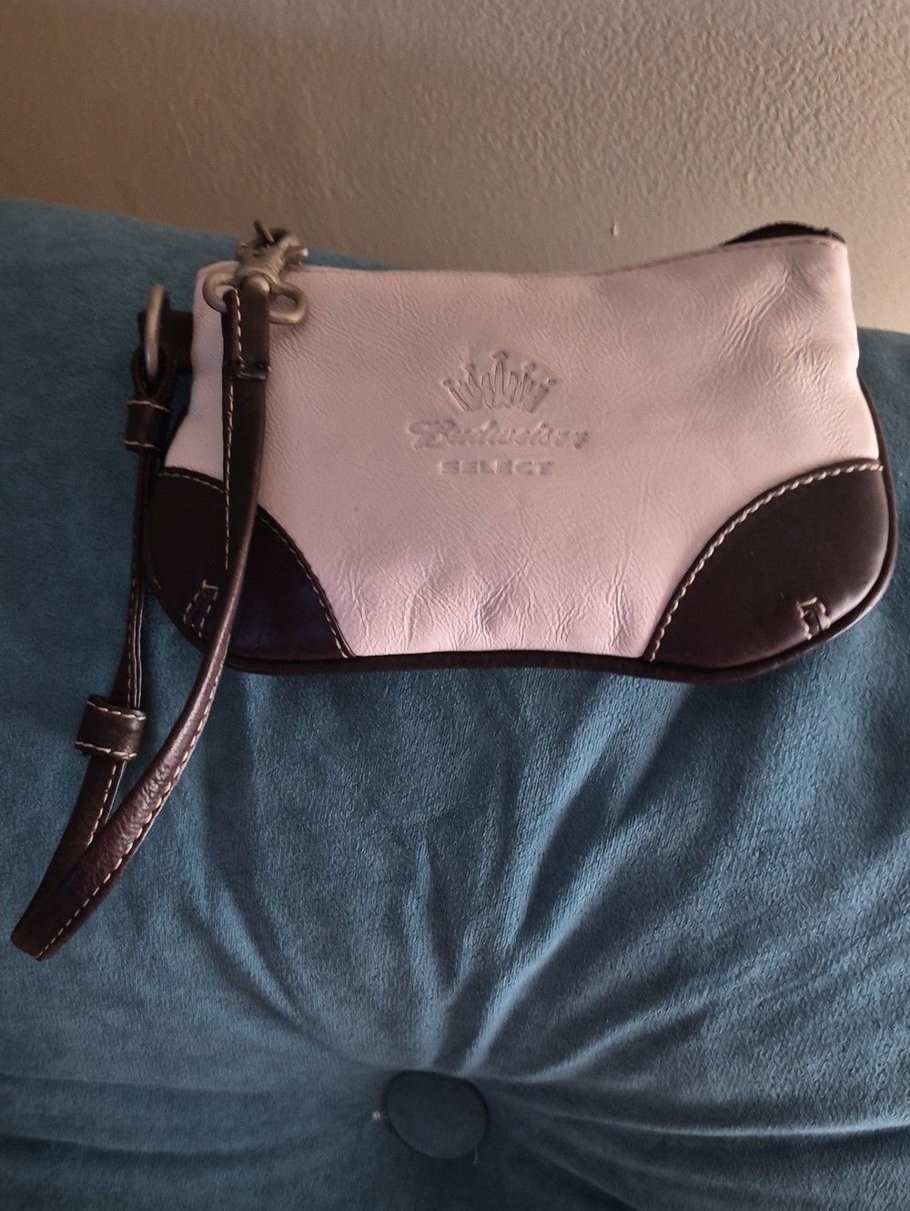 Vintage Budweiser Rare Select White dark brown Leather Wristlet zip pouch